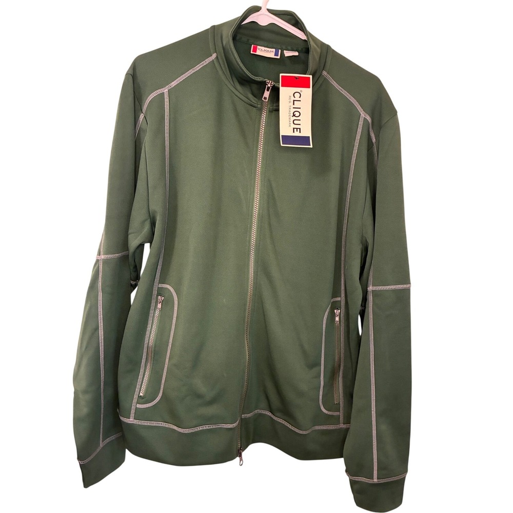 Clique Mens Full Zip Track Jacket Green Contrast Stitch Mock Neck Medium NWT